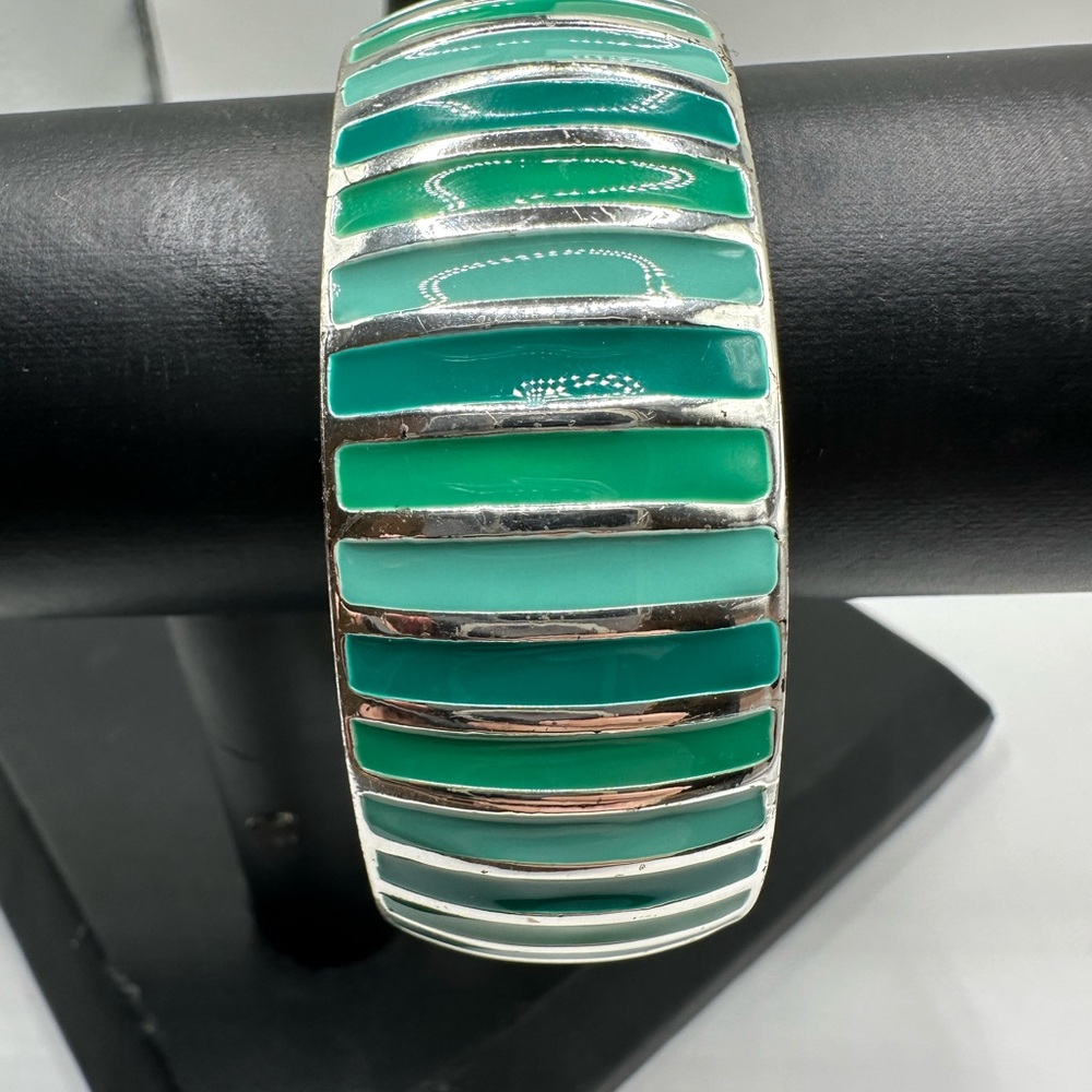 Chunky Green Blue Turquoise Enamel Stripes Bangle Bracelet Push in Clasp